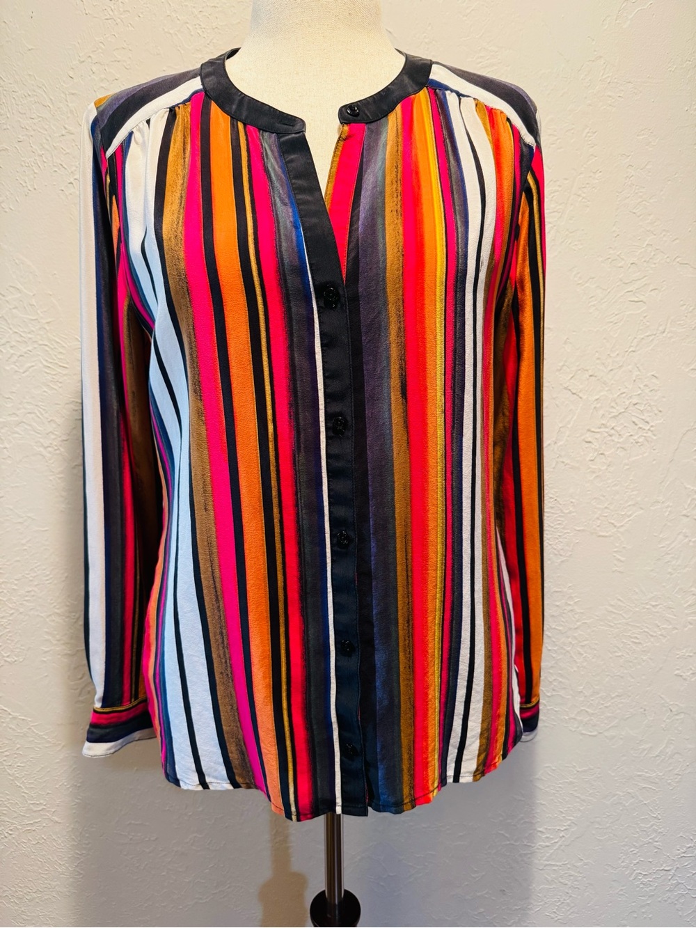 Trina Turk Multicolor Vertical Stripe Silk Button-Down Blouse